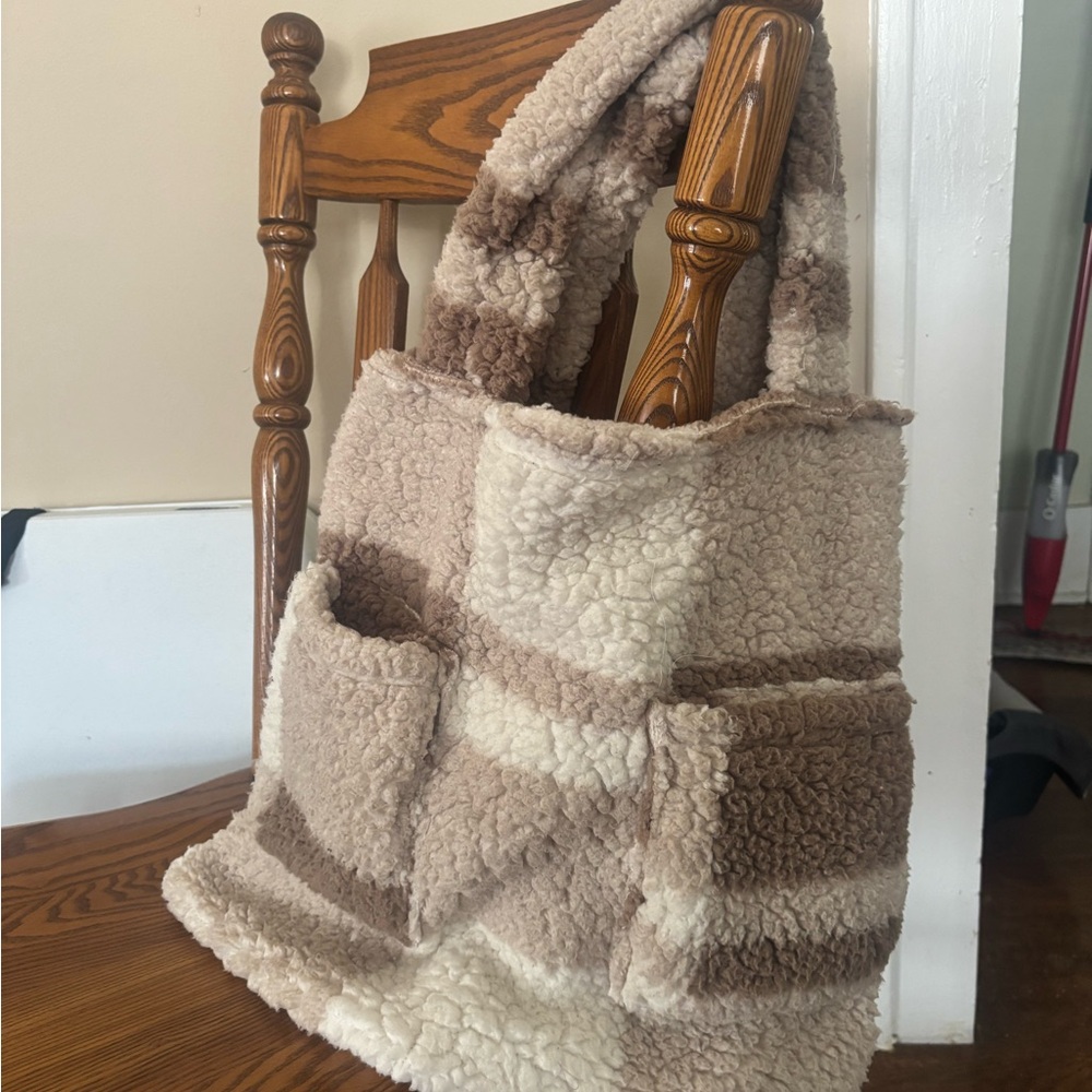 Cozy Sherpa Tote Bag in Beige and Brown